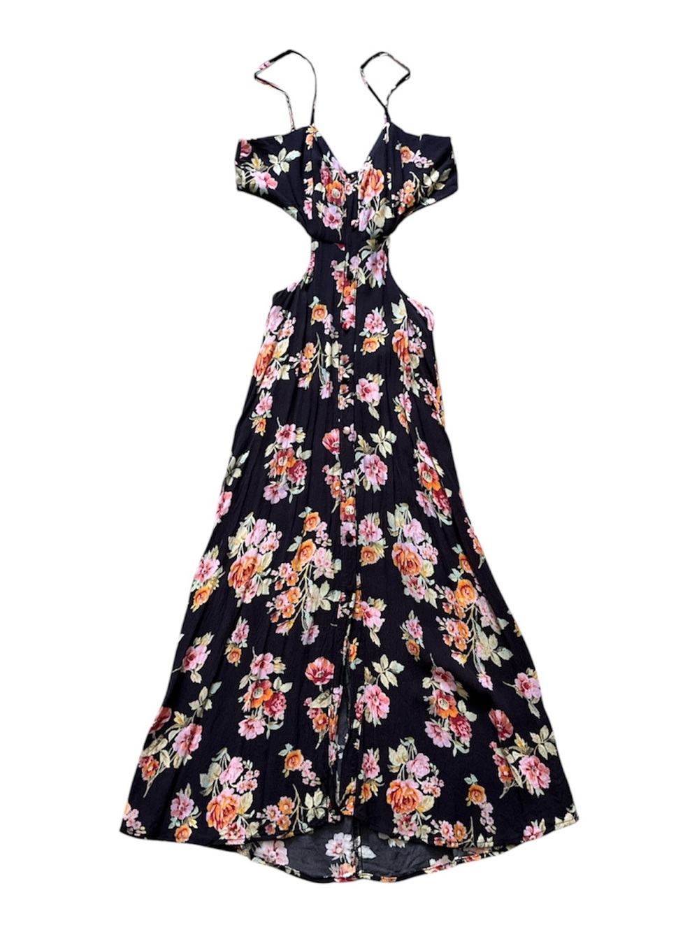 Flynn Skye Black Floral Cutout Maxi Dress with Pink & Orange Blossoms